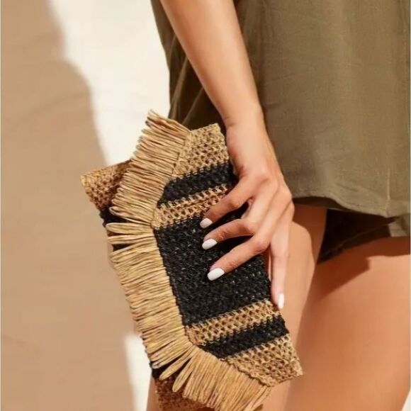 New Black & muted natural rattan color tropical vacation clutch - Picture 1 of 10